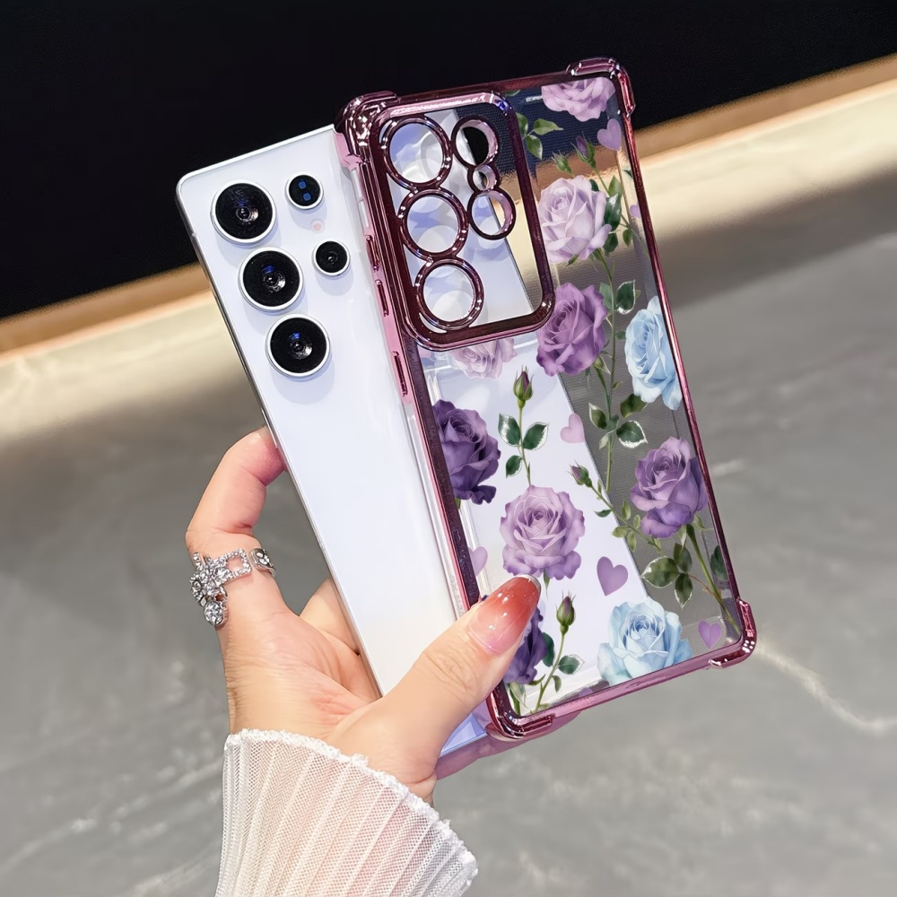 Phone Cases Purple - 電気メッキ四隅耐衝撃パープルローズクリアスマホケース Samsung Galaxy S26 S25 S24