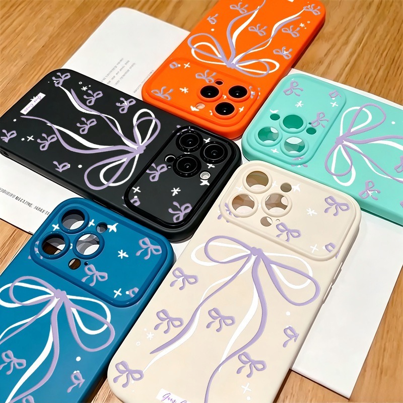 Phone Cases Purple - 大きな紫色のリボンと星のドゥードゥルプリントのiPhoneケース（iPhone 17、16、15、14、13、12、11 Pro Max Plus対応）ソフト耐衝撃TPUカバー