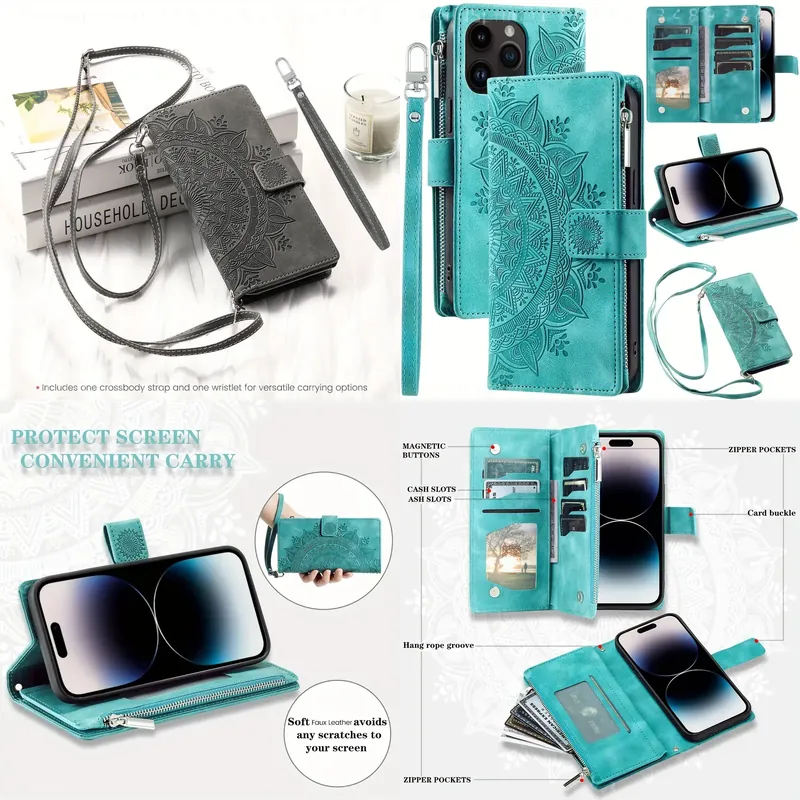 Leather Folio Wallet Case - ジッパー付き財布型スマホケース カードホルダー＆ショルダーストラップ付き 耐衝撃フリップフォリオ保護カバー iPhone 17 Air