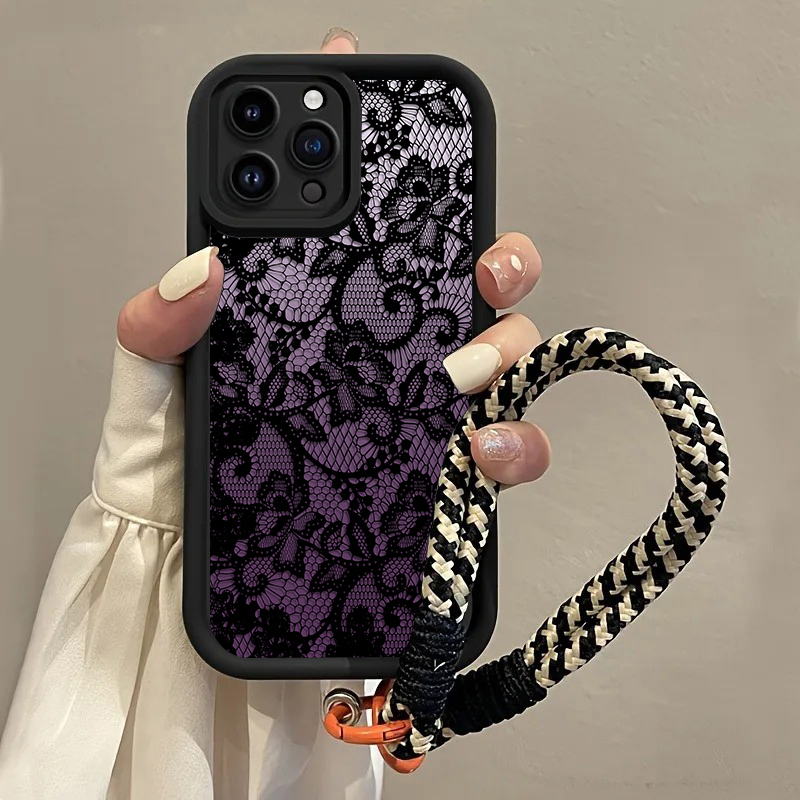 Phone Cases Purple - ブラックパープルレースハングストラップ付きiPhoneケース iPhone 16/17 Pro Max/16/15/14 Pro