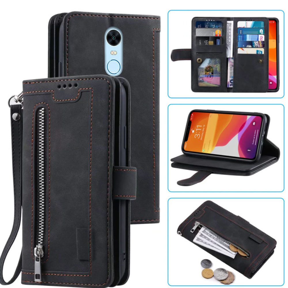 Leather Folio Wallet Case - Redmi 5 plus用の9カードホルダー付きケース,ジッパー付きカードウォレット,リストストラップ付き,レザーケース