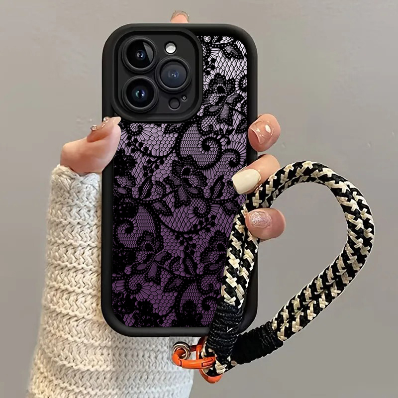黒紫レースハングストラップ付きスマホケース Samsung  - Phone Cases Purple のレビューと価格