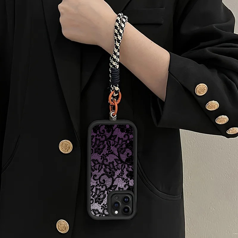 黒紫レースハングストラップ付きスマホケース Samsung  - Phone Cases Purple のレビューと価格