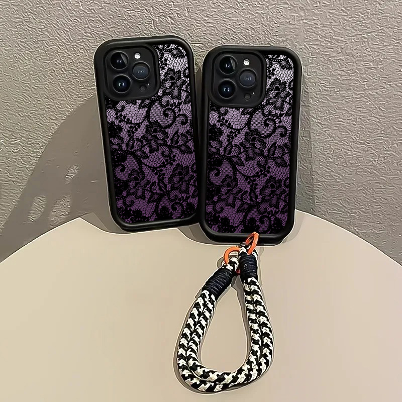 黒紫レースハングストラップ付きスマホケース Samsung  - Phone Cases Purple のレビューと価格