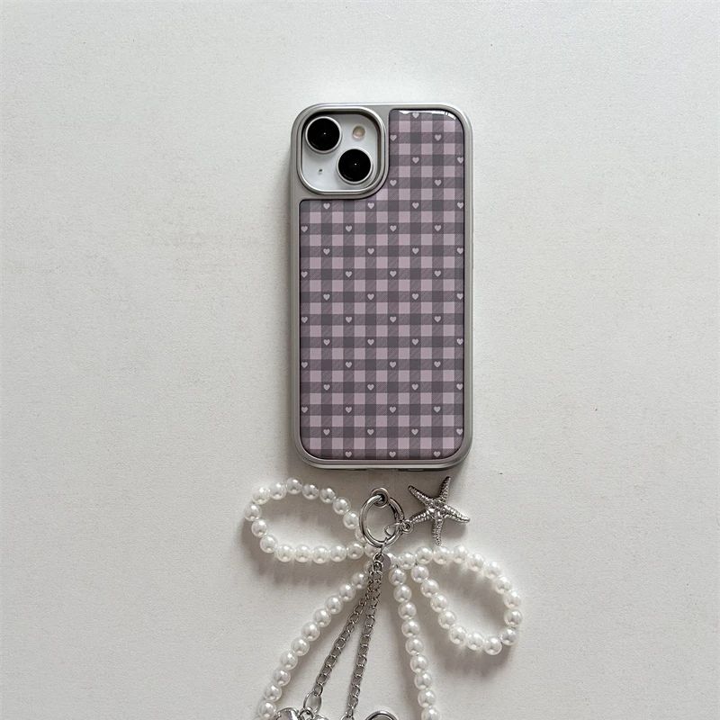 ピンクパープルハート型チェック柄韓国風ガールハートキュートス - Phone Cases Purple のレビューと価格