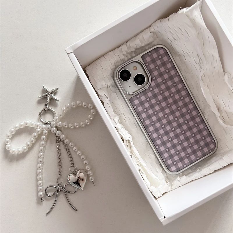 ピンクパープルハート型チェック柄韓国風ガールハートキュートス - Phone Cases Purple のレビューと価格