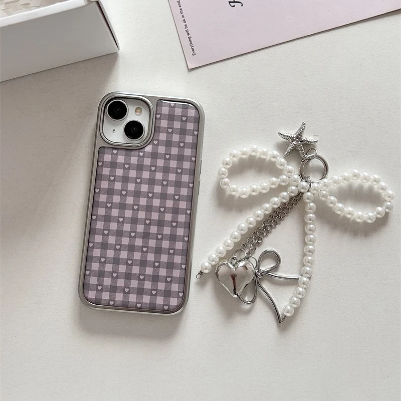 ピンクパープルハート型チェック柄韓国風ガールハートキュートス - Phone Cases Purple のレビューと価格
