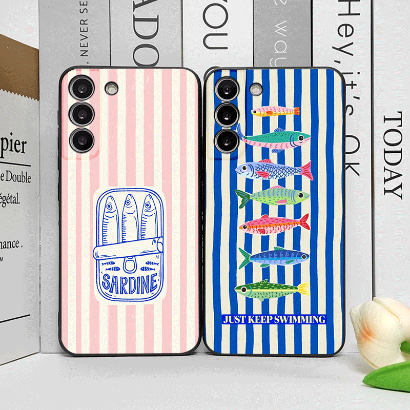 可愛いストライプ柄のイワシカラーの面白い魚柄スマホケース O - Phone Cases Funny のレビューと価格